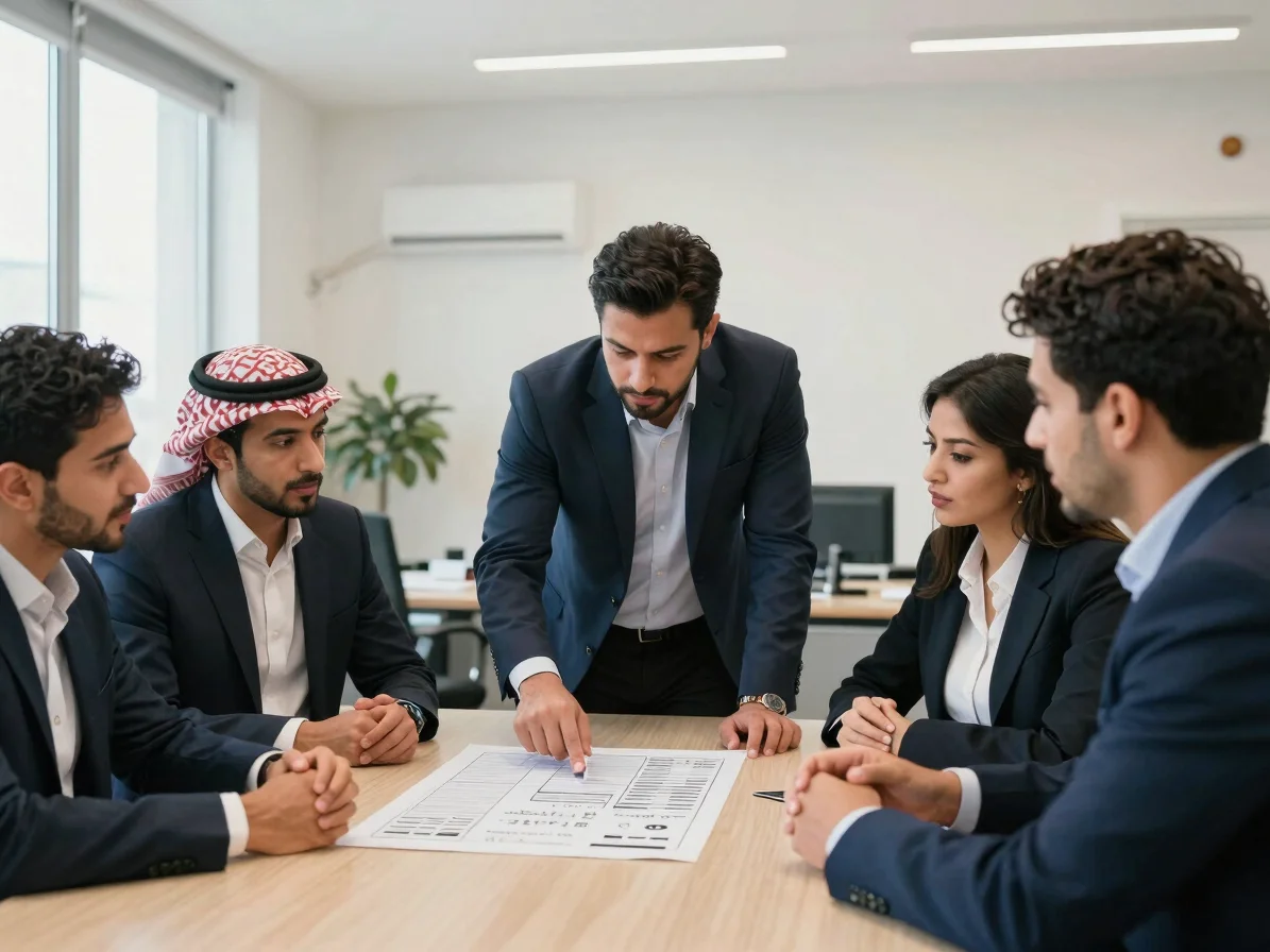 Editorial wide shot of a modern Arabic-region business office, a