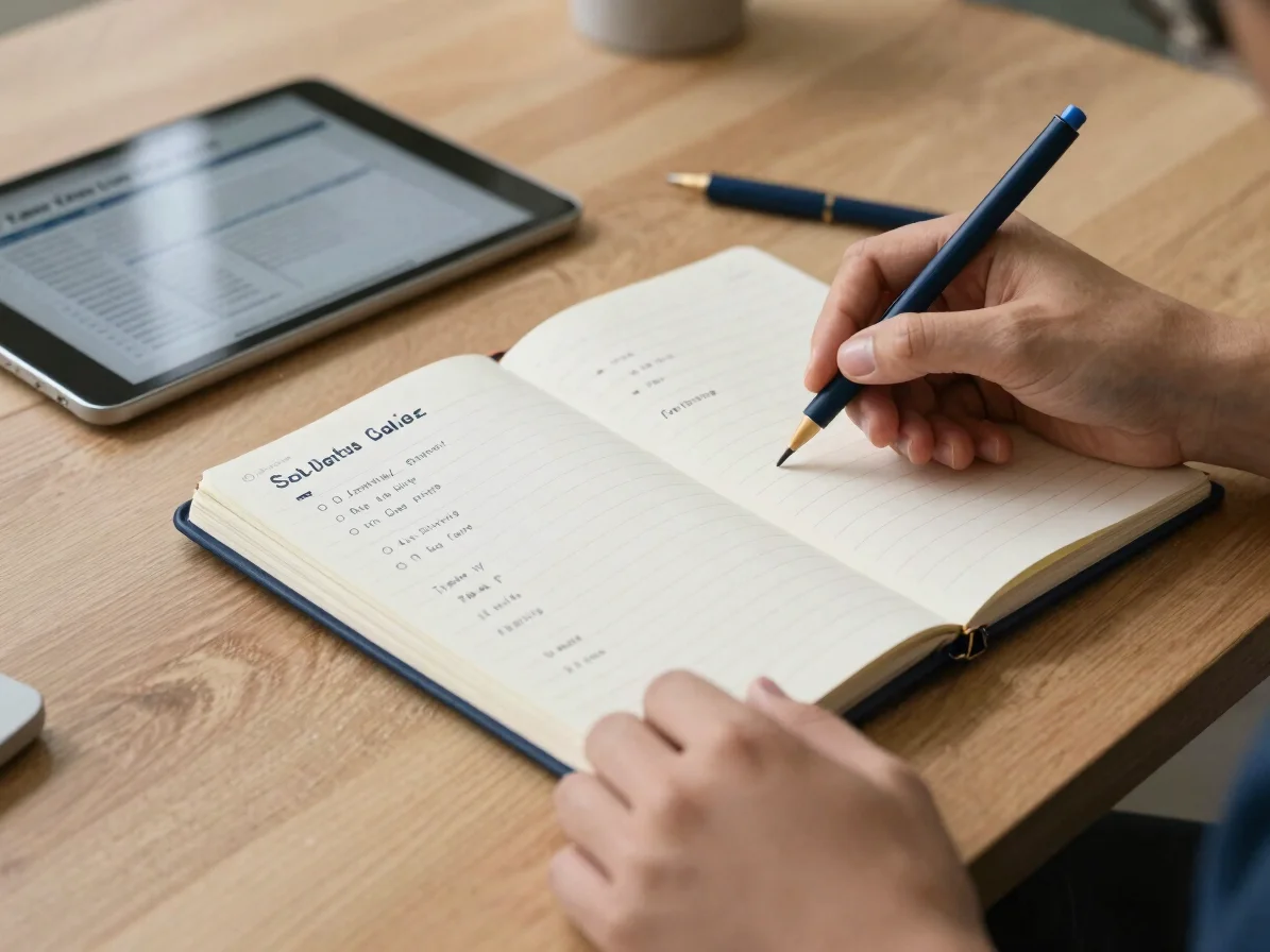 Close detail of hands arranging a sales pipeline notebook and a t