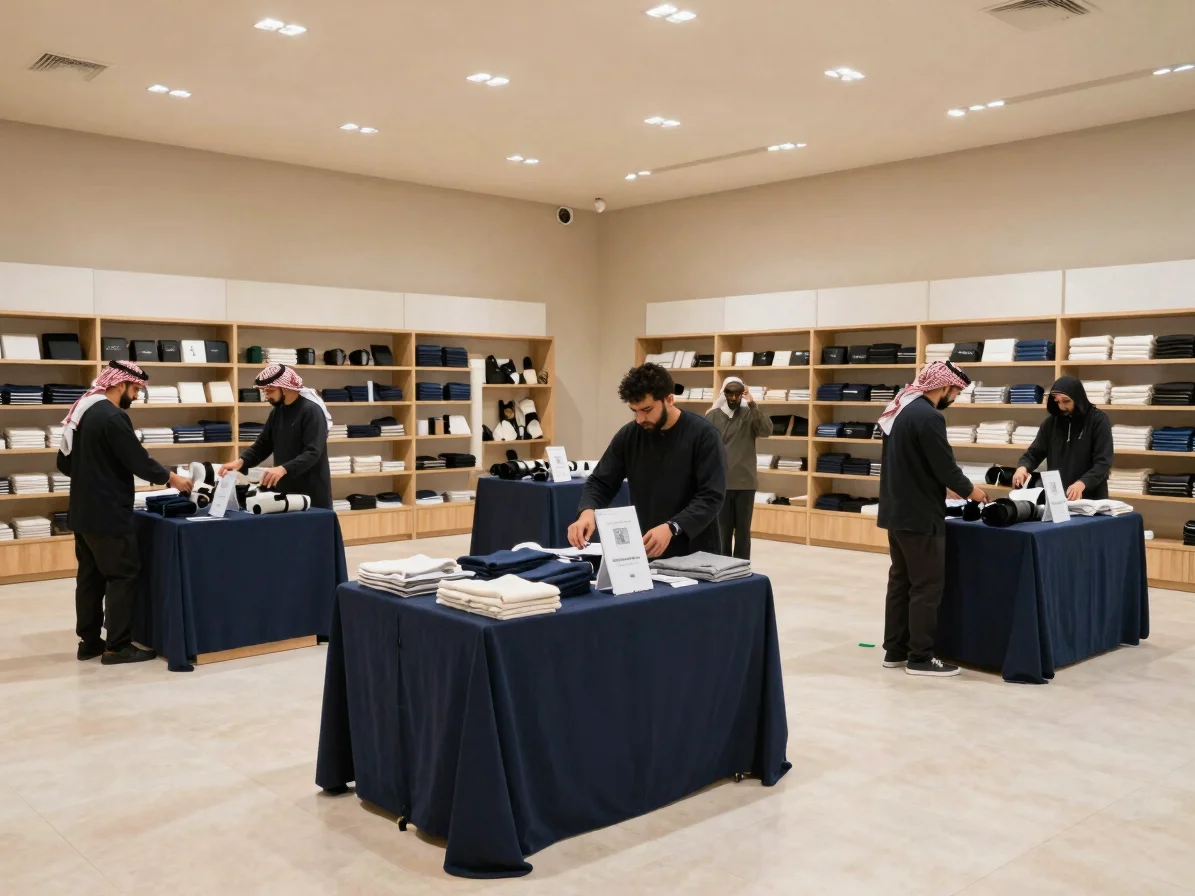 Wide environmental shot of a contemporary retail space in the Ara