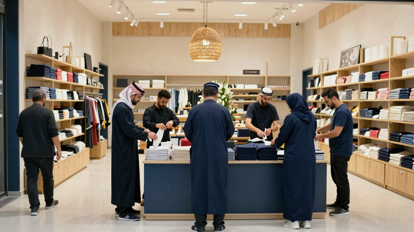 Editorial wide photograph of a retail store interior in a contemporary Arabic-region city, a seasonal display being arra