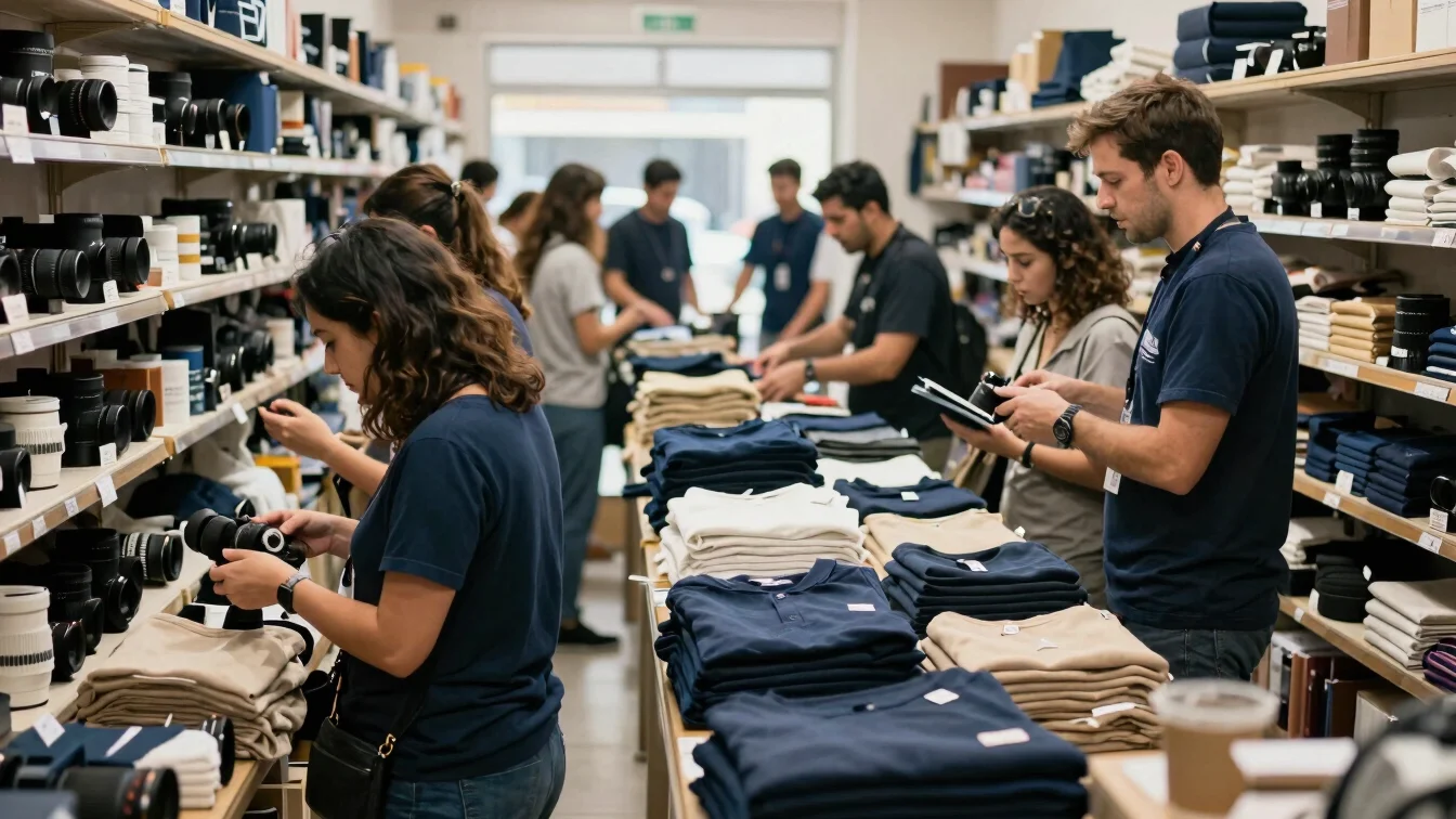 Editorial wide photograph of a busy shop floor during a weekday, customers and staff in natural interaction, soft daylig