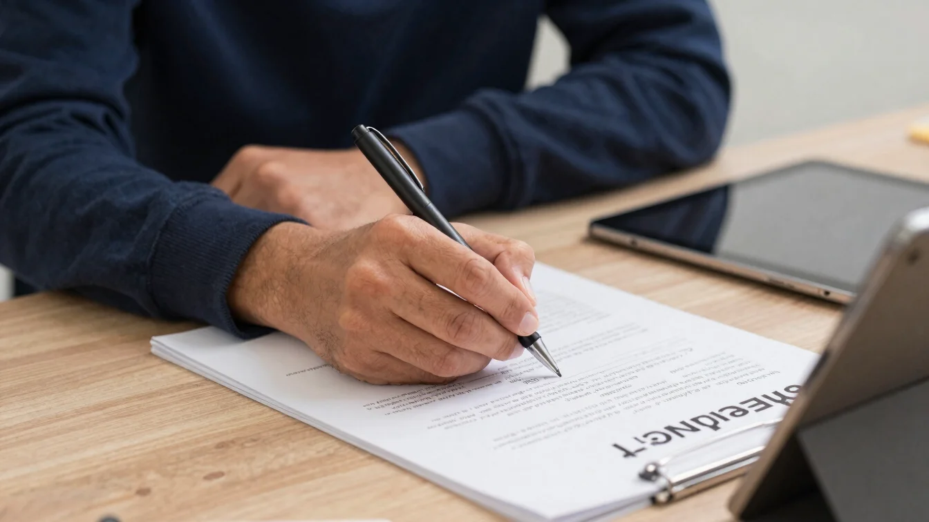 Close editorial detail of hands marking up a campaign planning document with a pen beside a tablet, soft natural dayligh